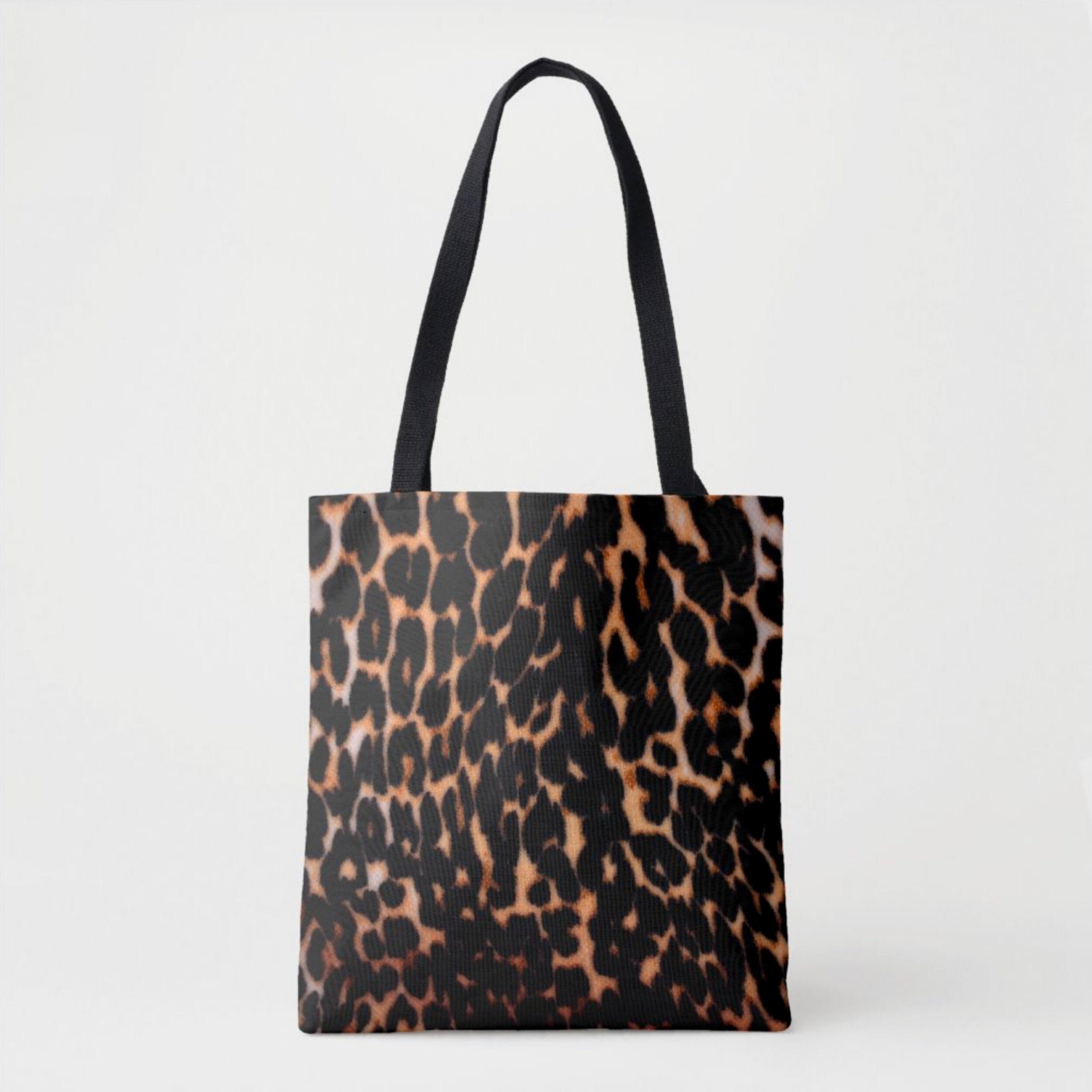 Dark Leopard Print Market Tote, Black and Camel Boho Animal Print Bag