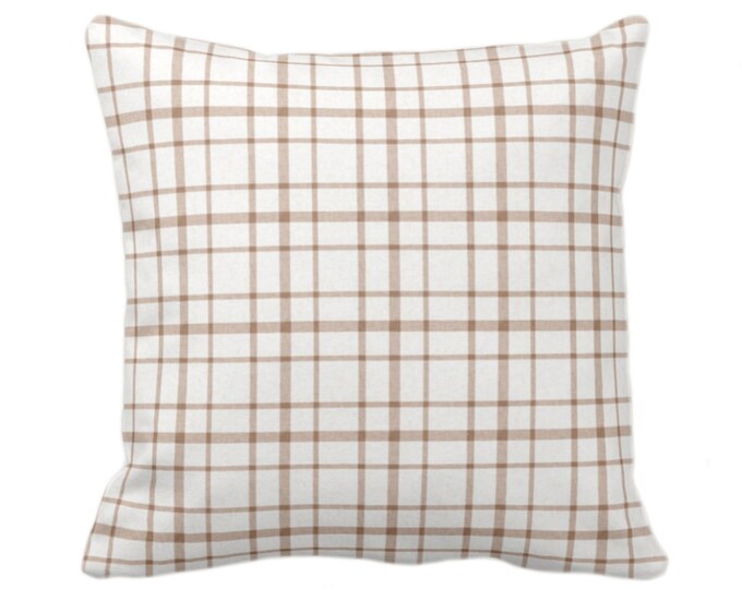 OUTDOOR Windowpane Plaid Throw Pillow/Cover, Saddle/Off-White 14, 16, 18, 20, 26" Sq Pillows/Covers, Tan/Brown/Cream Farmhouse Print/Pattern