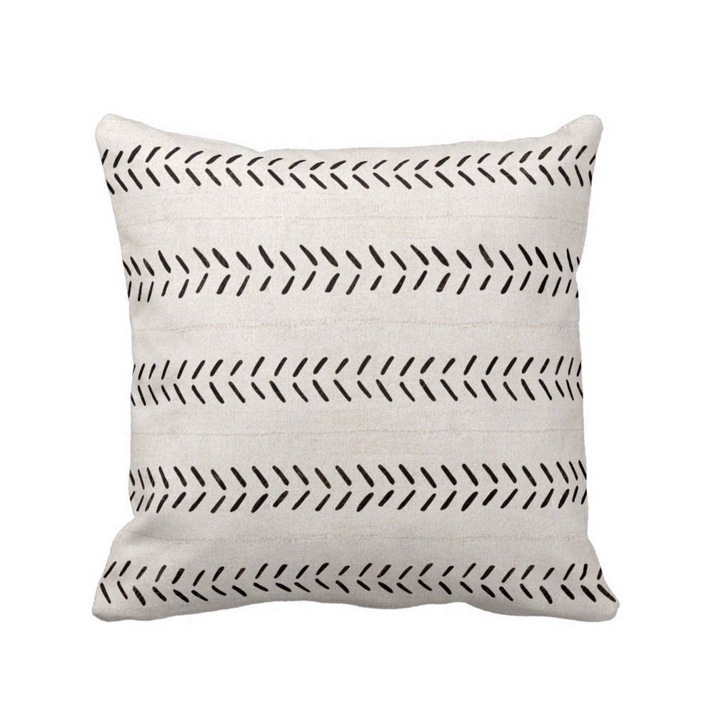 Mud Cloth Print Throw Pillow, Boho/Ethnic OffWhite & Black Geometric