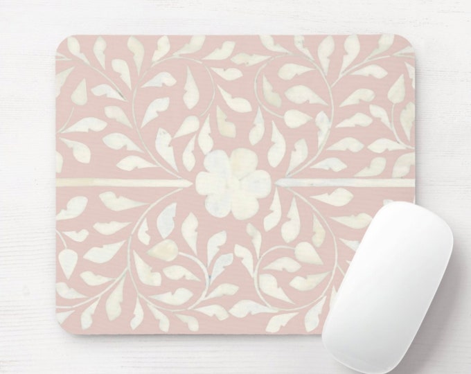 Bone Inlay Design Printed Mouse Pad/Mousepad, Round or Rectangle Petal Pink and Off-White Floral/Geometric Boho/Tribal/Indian Print/Pattern
