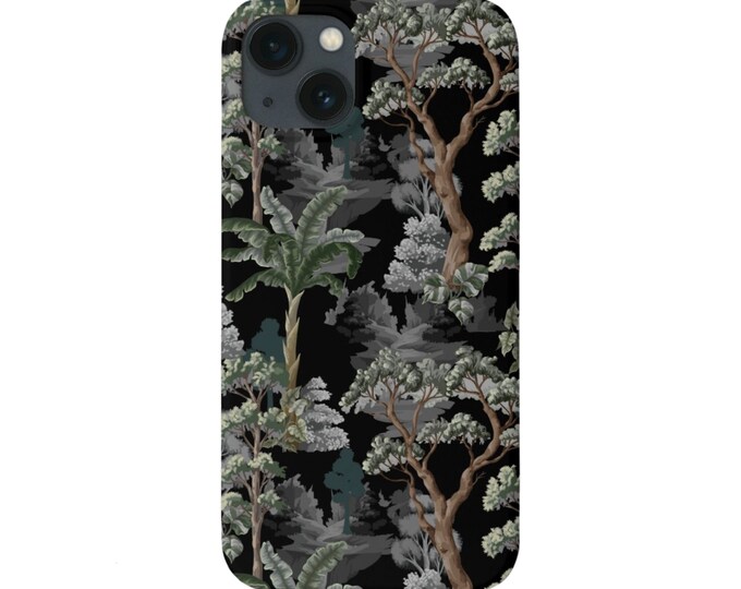 Dark Green Mural iPhone 14, 13, 12, 11, XS, XR, X, 7/8 Mini/Pro/Max/Plus/P Snap-On Cover or Tough Protective Case, Wallpaper/Botanical Black