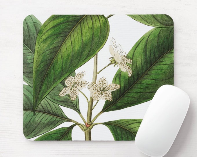 Vintage Botanical White Flowers Mouse Pad, Round or Rectangle Green Leaves Nature Print/Pattern Mousepad, Floral Plants/Plant Illustration