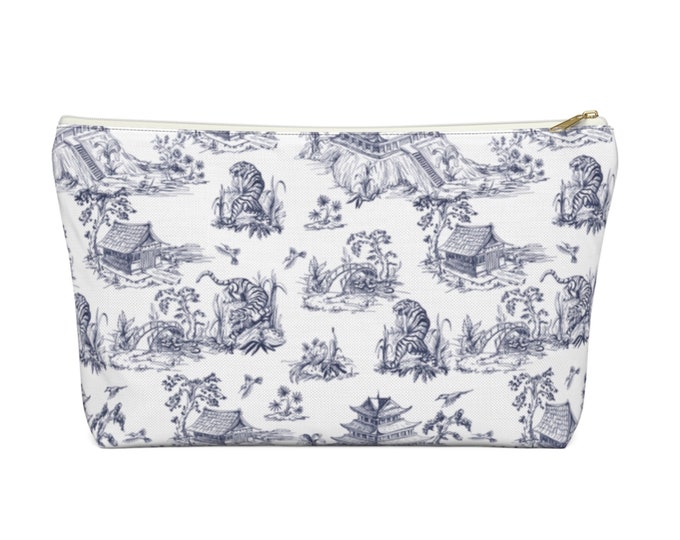 Tiger Toile Print Zippered Pouch, Navy Blue/White Pattern, Cosmetics/Pencil/Make-Up Organizer/Bag, Pagoda/Temple/Chinoiserie Design/Pattern