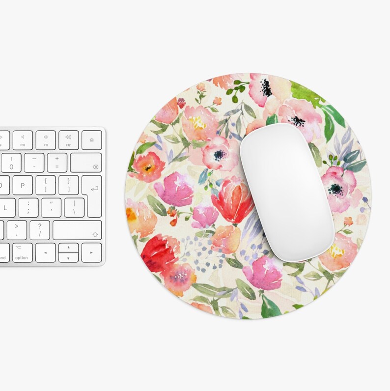 Watercolor Flowers Print Mouse Pad, Round or Rectangle Colorful Vintage Floral Mousepad Hand Painted/Art Print/Multicolored/Bright Farmhouse image 2