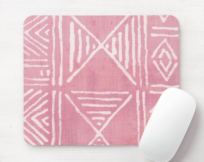 Mud Cloth Print Mouse Pad/Mousepad, Round or Rectangle Pink/White Mudcloth/Tribal/African/Boho/Geometric/Geo/Diamond Pattern Mousepads