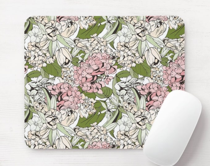 Sketch Hydrangeas Print Mouse Pad, Round or Rectangle Colorful Vintage Floral/Flowers Mousepad, Hand Painted Art Print/Bright/Black