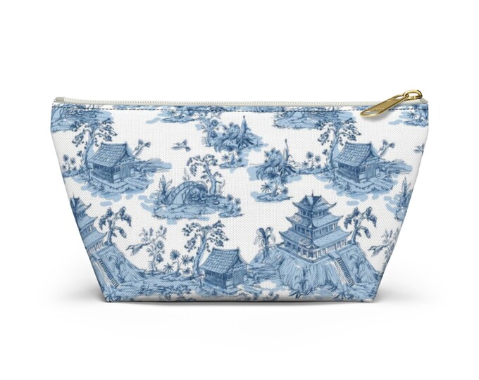 Chinoiserie Toile Print Zippered Pouch, White & Light Blue, Cosmetics/Pencil/Make-Up Organizer/Bag, Willow/China/Pagoda Pattern/Design
