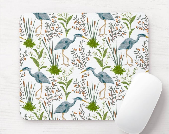 Blue Heron Naturalist Round or Rectangle Mouse Pad/Mousepad, Birds/Bird Toile Pattern, Teal/Green Purple Floral/Botanical Illustration/Print