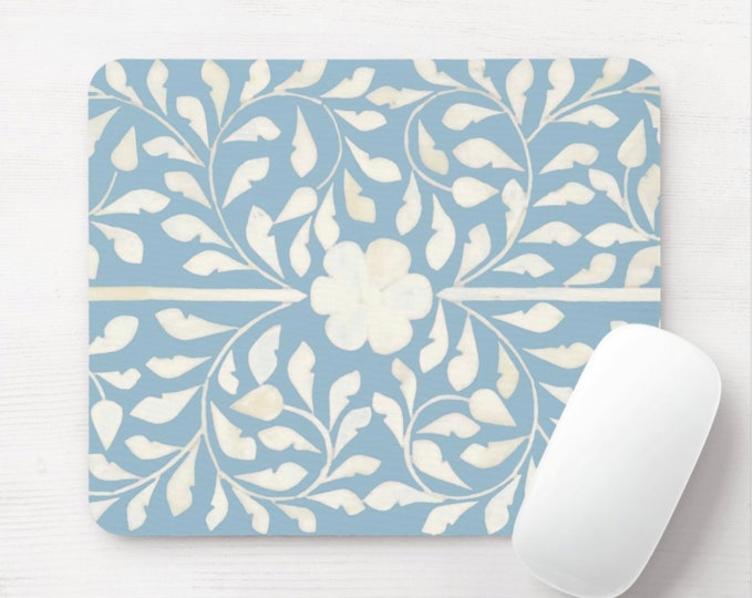 Bone Inlay Design Printed Mouse Pad/Mousepad, Round or Rectangle Coastal Blue/Off-White Floral/Geometric Floral/Tribal/Indian Print/Pattern