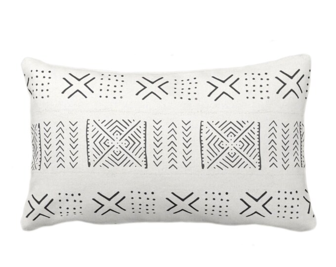Mud Cloth Printed Throw Pillow/Cover, Diamond/X/Dots Off-White/Black Arrows Print 12 x 20" Lumbar Pillows/Covers, Mudcloth/Tribal/Geometric