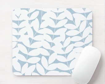 Stems Mouse Pad/Mousepad, Round or Rectangle Coastal Blue/White Modern Botanical Print/Pattern Mousepads Minimal/Minimalist/Floral/Farmhouse