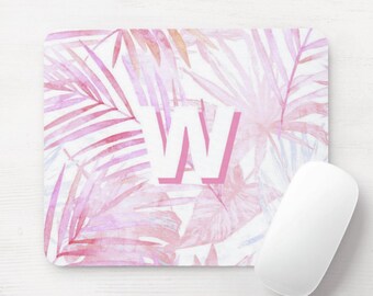 Pink Palms Personalized Mouse Pad, Shadow Initial Mousepad, Rectangle or Round, Bright/Light Modern Tropical/Beach/Palm Pattern, Monogram