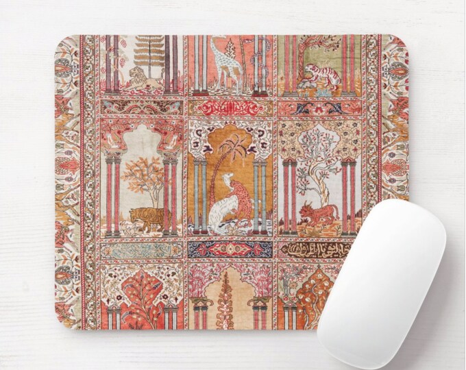 Vintage Tapestry Mouse Pad, Round or Rectangle  Pattern Mousepad, Animal/Persian/Menagerie Art/Rug/Carpet, Pink/Coral/Beige/Orange, Boho