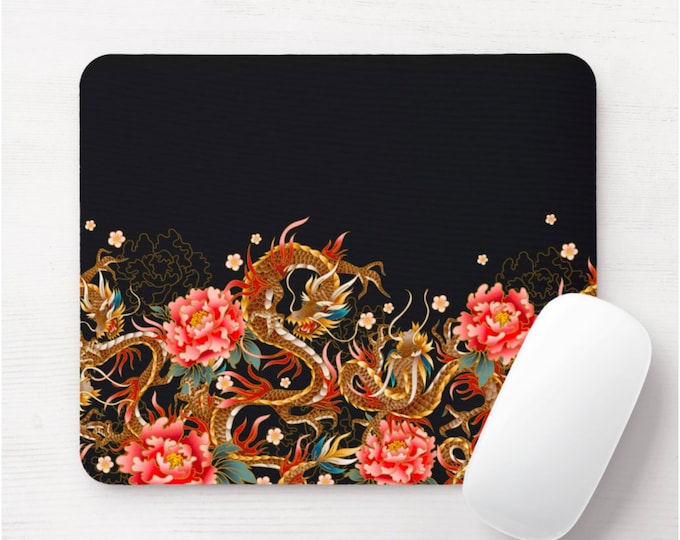 Dragon Floral Mouse Pad/Mousepad, Black/Red/Orange Chinoiserie Toile Pattern, Rose/Flower Tattoo Art/Print/Illustration