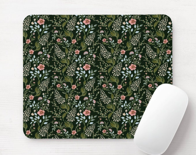 Ingrid Floral Mouse Pad, Round or Rectangle Retro Dark Green/Pink Mousepad, Wildflower Farmhouse/Flower/Block Print/Blockprint Print/Pattern