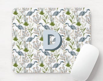 Heron Personalized Mouse Pad/Mousepad, Round or Rectangle Blue, Green Toile/Nature Monogrammed