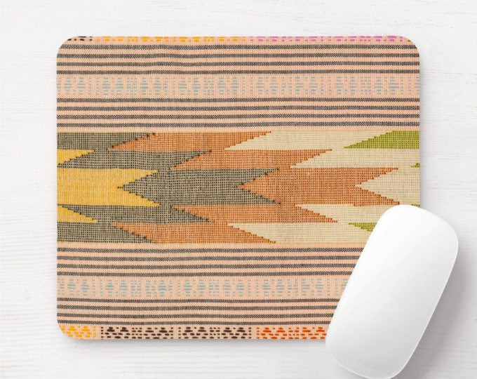 Earth Tones Vintage Textile Printed Mouse Pad/Mousepad, Rectangle or Round Yellow/Beige/Orange Geometric/Tribal/Boho/Kilim/Ikat/Thai Batik