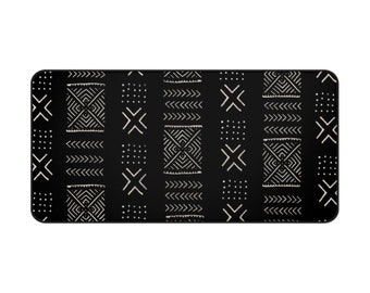 Mud Cloth Diamonds Print Desk Mat/Keyboard Mat/Pad, Black/Off-White Tribal African Pattern, Boho Modern Geometric/Geo/Arrows/Lines/Diamonds