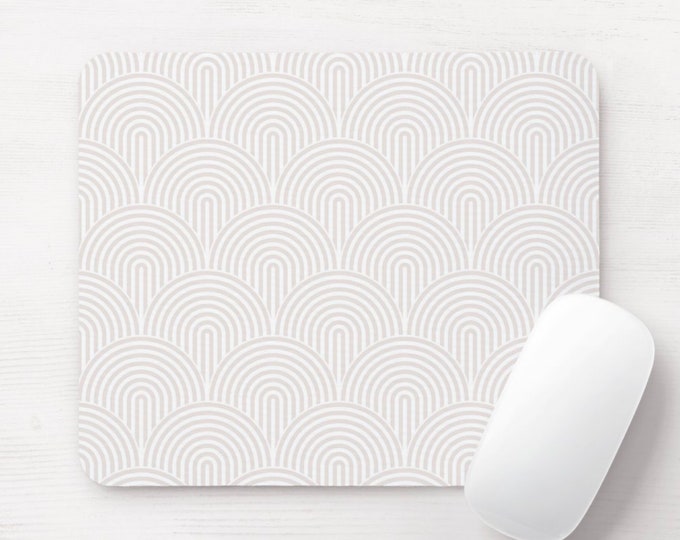 Minimal Mouse Pad/Mousepad, White & Off-White Modern Geometric Arches Print/Pattern, Lines/Geo/Circles/Abstract/Arch/Lined/Stripes/Striped