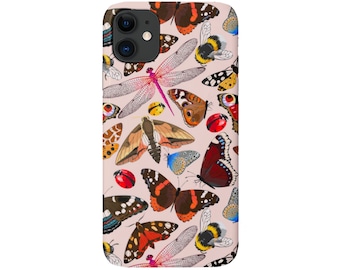 Insects iPhone 14, 13, 12, 11, XS, XR, X, 7/8 Pro/Max/P/Plus Snap Case or TOUGH Protective Cover Bugs/Butterfly/Dragonfly/Ladybug Rose Pink