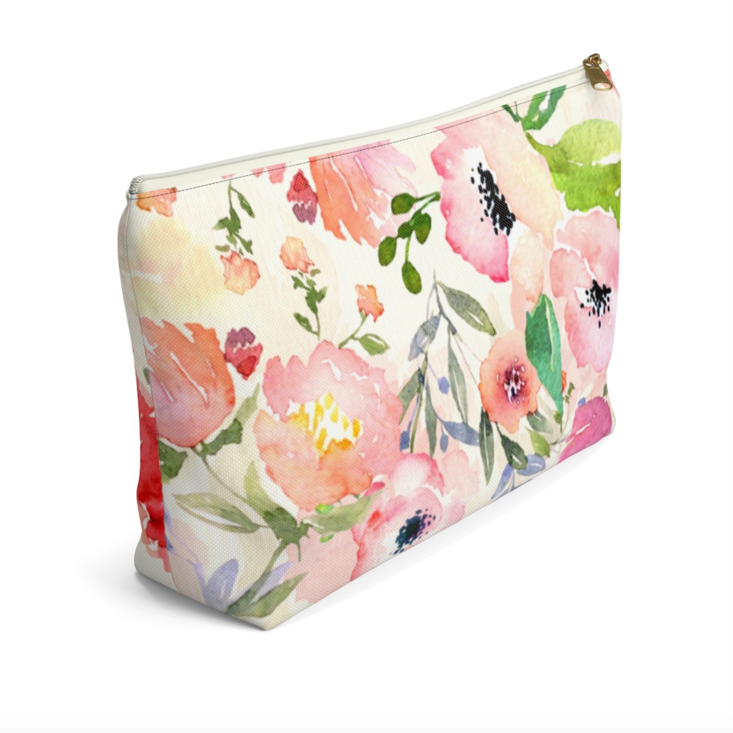 pencil or makeup bag with floral art Canvas Watercolor Peony Pouch w gold zipper