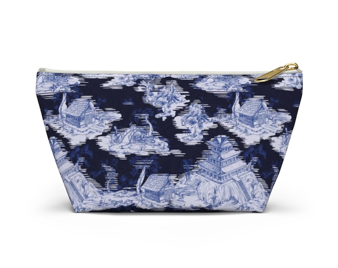 Chinoiserie Toile Print Zippered Pouch, Navy & Light Blue, Cosmetics/Pencil/Make-Up Organizer/Bag, Willow/China/Pagoda Pattern/Design