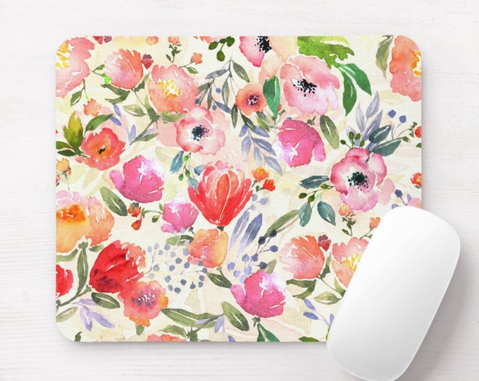 Watercolor Flowers Print Mouse Pad, Round or Rectangle Colorful Vintage Floral Mousepad Hand Painted/Art Print/Multicolored/Bright Farmhouse