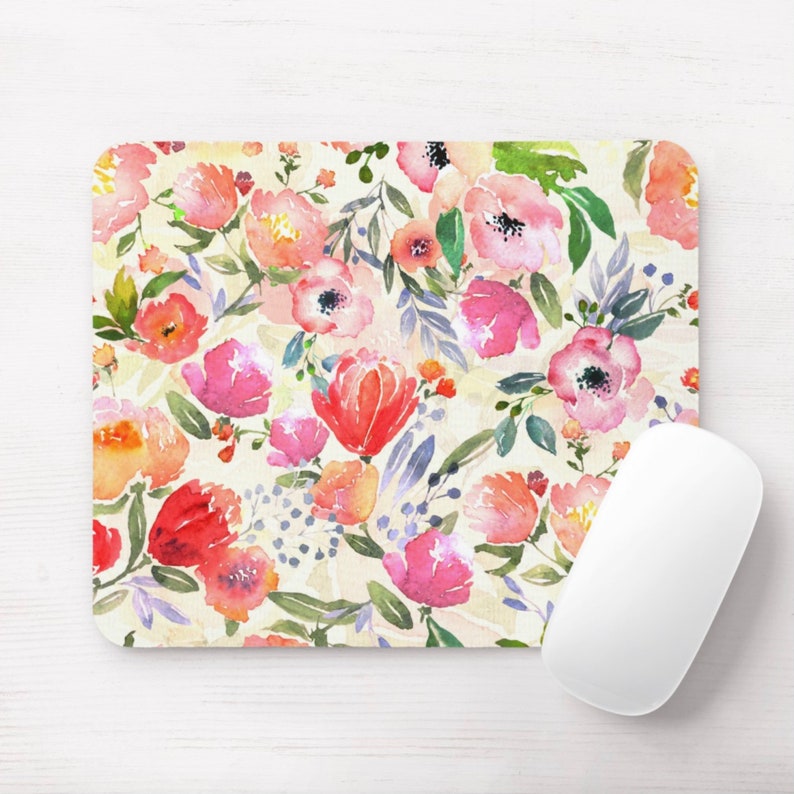 Watercolor Flowers Print Mouse Pad, Round or Rectangle Colorful Vintage Floral Mousepad Hand Painted/Art Print/Multicolored/Bright Farmhouse image 1