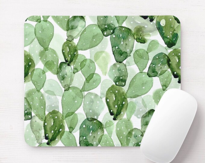 Watercolor Cactus Print Round or Rectangle Mouse Pad, Succulent Olive Green Botanical Mousepad, Southwest/Desert/Western/Cacti Pattern