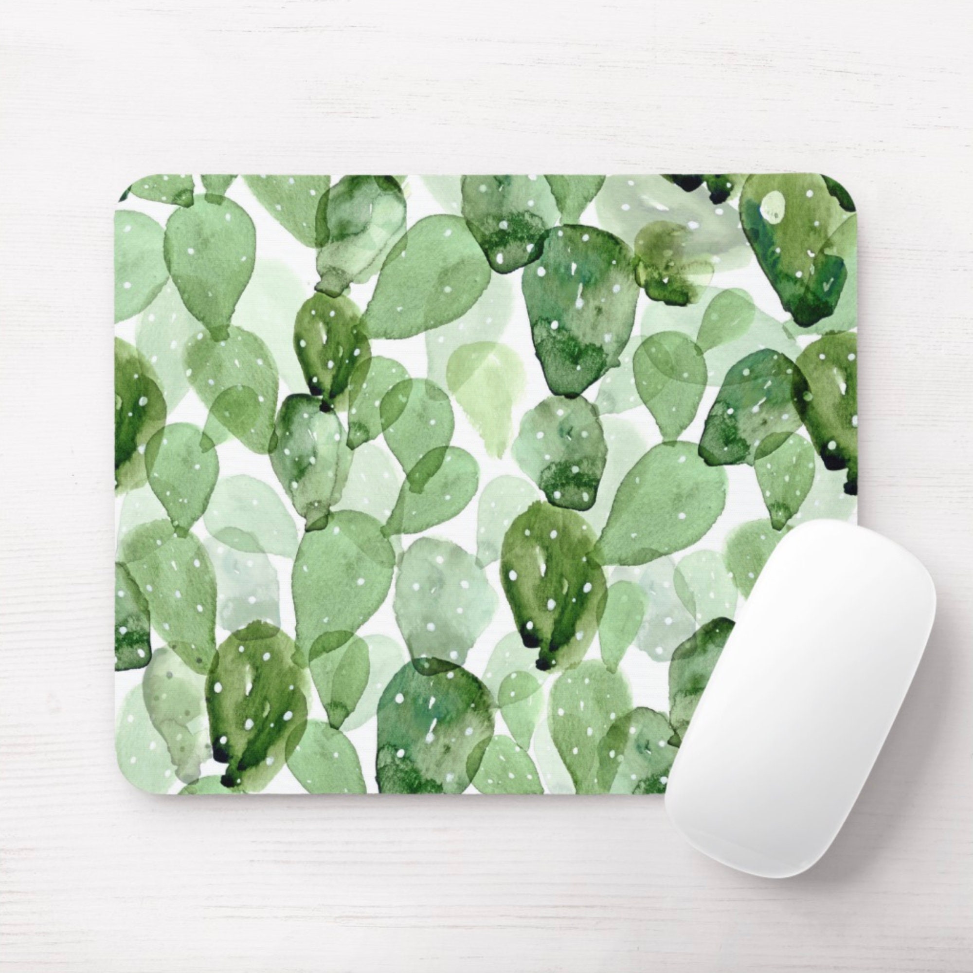 Watercolor Cactus Print Round or Rectangle Mouse Pad, Succulent Olive