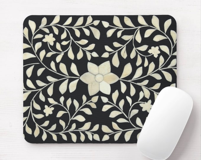 Bone Inlay Design Printed Mouse Pad/Mousepad, Round or Rectangle Black and Off-White Floral/Geometric Boho/Tribal/Indian Print/Pattern