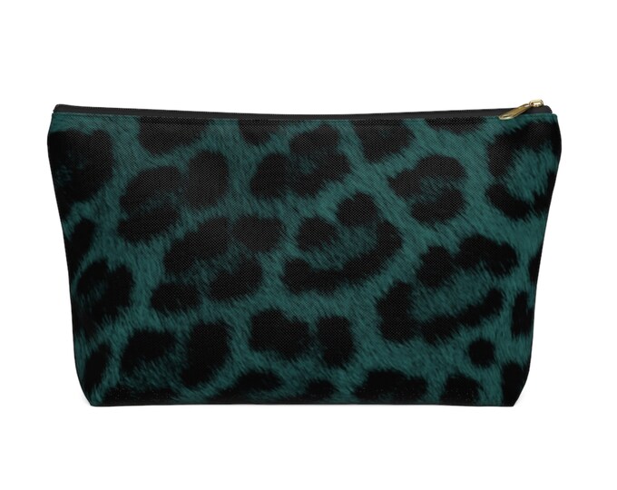 Teal Leopard Print Zippered Pouch, Animal Printed Design, Cosmetics/Pencil/Make-Up Organizer/Bag Dark Green/Black/Caramel Spots/Spot Pattern