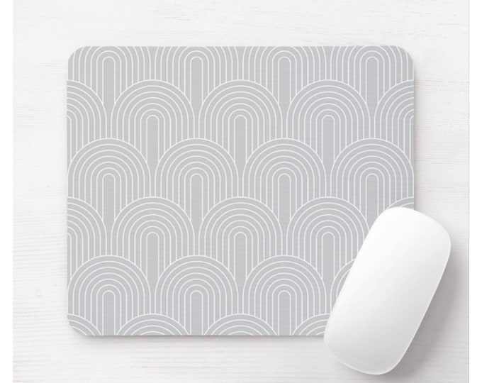 Minimal Mouse Pad/Mousepad, Light Gray & White Modern Geometric Arches Print/Pattern, Lines/Geo/Circles/Abstract/Arch/Lined/Stripes/Striped