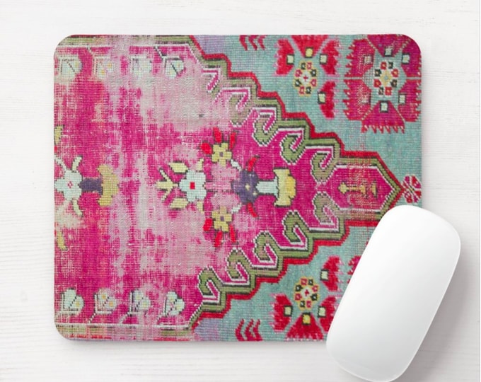 Worn Rug Printed Mouse Pad/Mousepad, Round or Rectangle Vintage Textile Print Pink/Red/Turquoise Geometric/Tribal/Boho/Kilim/Ikat Distressed