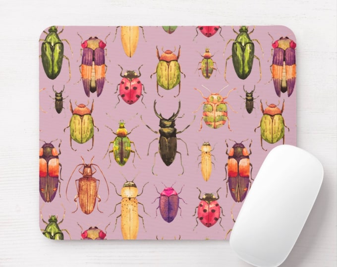 Beetles Watercolor Mouse Pad, Round or Rectangle Purple/Pink/Green/Yellow Insects/Bug Print Mousepad, Bugs/Beetle/Insect/Vintage Pattern