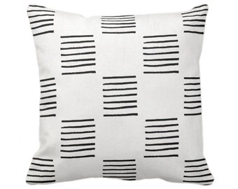 OUTDOOR Mud Cloth Printed Throw Pillow or Cover, Lines Off-White/Black 14, 16, 18, 20, 26" Sq Pillows/Covers, Mudcloth/Boho/Tribal/Geometric