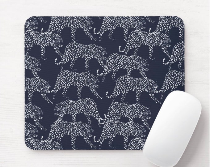 Leopards Mouse Pad, Navy & White Mousepad, Rectangle or Round Dark Blue Animal Print/Pattern, Modern/Cat/Cheetah/Spots/Spotted, Hand Drawn