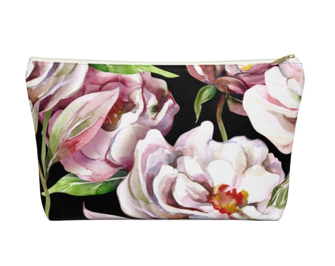 Watercolor Peonies Zippered Pouch, Floral Print, Cosmetics/Pencil/Make-Up Organizer/Bag, Pink Peony & Black Flowers/Flower Pattern/Design