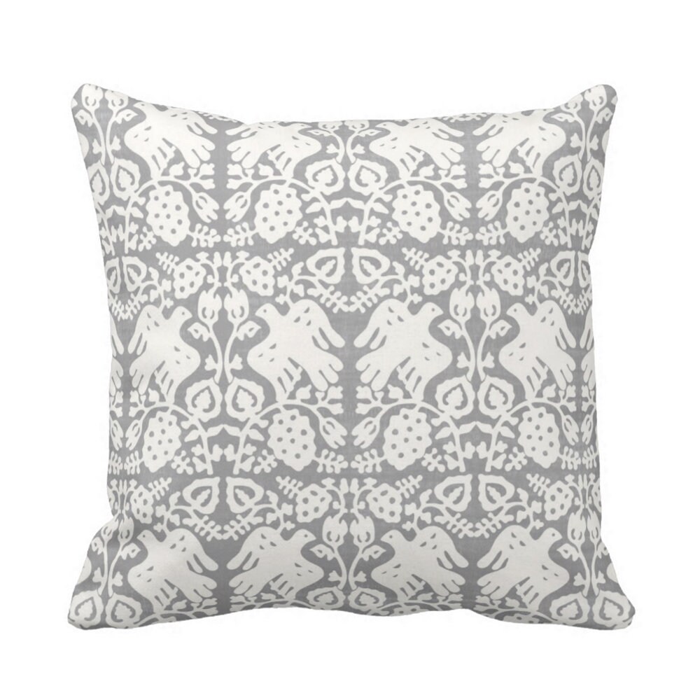 OUTDOOR Block Print Bird Floral Throw Pillow or Cover, Gray 14, 16, 18