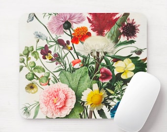 Vintage Botanical Mouse Pad, Round or Rectangle Colorful Floral/Flower Print/Pattern Mousepad, Pink/Red/Green, Roses/Peonies/Daiseys/Violet