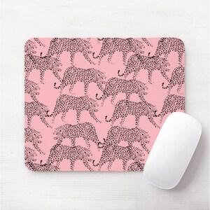 Leopards Mouse Pad, Rectangle or Round Pink/Black Mousepad, Animal Print/Pattern, Modern/Cat/Cheetah/Spots/Spotted Rose/Blush, Hand Drawn