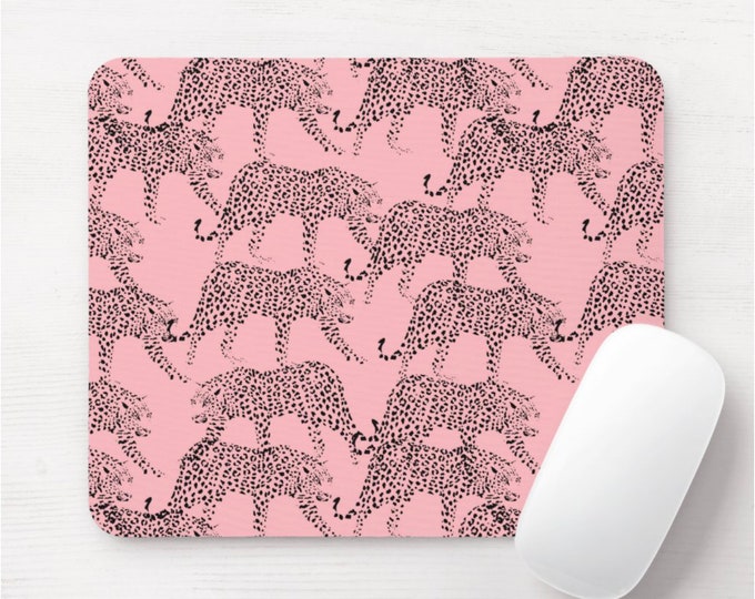 Leopards Mouse Pad, Rectangle or Round Pink/Black Mousepad, Animal Print/Pattern, Modern/Cat/Cheetah/Spots/Spotted Rose/Blush, Hand Drawn