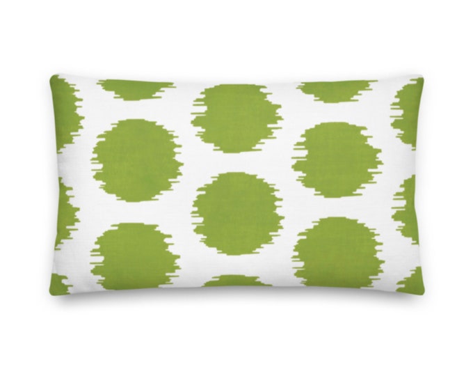 OUTDOOR Ikat Dot Throw Pillow or Cover, Green/White 14 x 20" Lumbar Pillows or Covers, Dots/Spots/Spot/Circles/Polka/Dotted Print/Pattern
