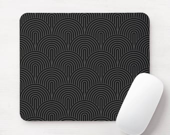 Alfombrilla de ratón minimalista, redonda o rectangular, con estampado de arcos geométricos modernos en gris y negro, líneas, círculos, abstractos, arcos y rayas.