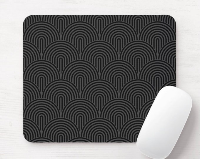 Minimal Mouse Pad/Mousepad, Round or Rectangle Gray & Black Modern Geometric Arches Print/Pattern, Lines/Geo/Circles/Abstract/Arch/Striped