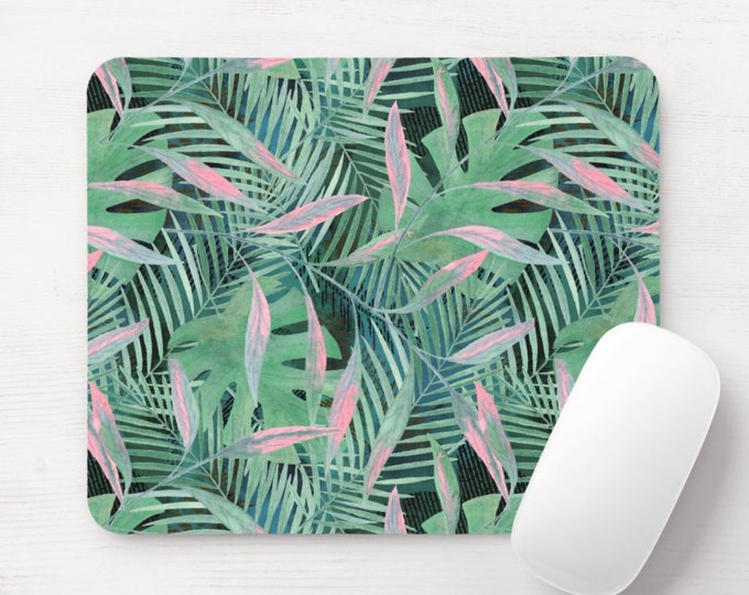 Jade Palms Mouse Pad, Dusty Green & Pink Tropical Mousepad, Botanical Jungalo Boho Print/Pattern, Watercolor Hand Painted Art