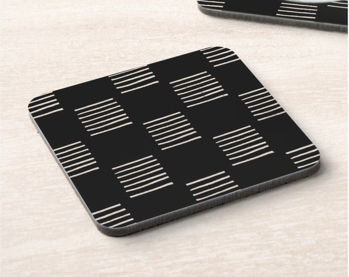 Mud Cloth Design Cork Coasters, Set of 4, Black/White Lines Pattern, Geometric/Tribal Print Square Barware/Drinkware/Coaster/Bar Accessories