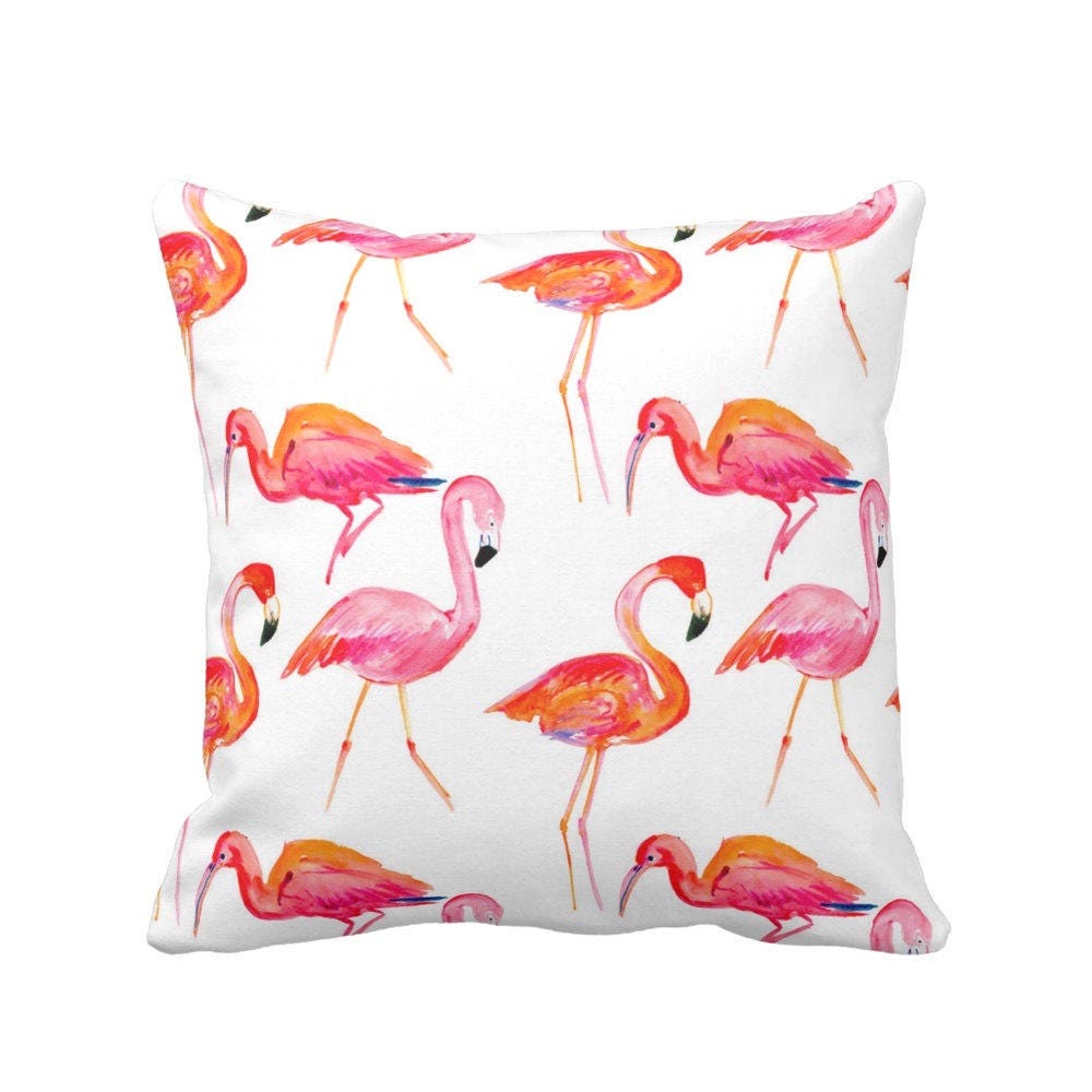 SALE Colorful Flamingos Print Pillow, Orange & Pink 16 Square Cotton