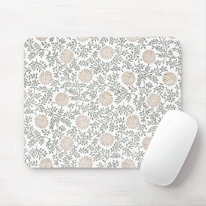 Vintage Floral Mouse Pad/Mousepad, White/Beige/Olive Print/Pattern, Minimal/Modern Farmhouse/Blockprint/Boho/Block/Flower/Hmong/Tribal