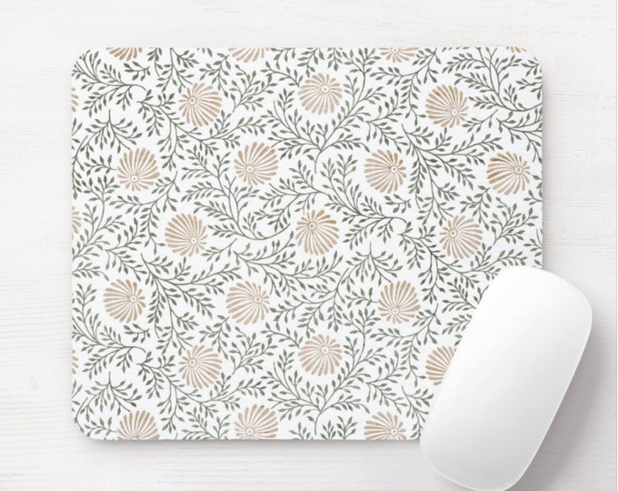 Vintage Floral Mouse Pad/Mousepad, White/Beige/Olive Print/Pattern, Minimal/Modern Farmhouse/Blockprint/Boho/Block/Flower/Hmong/Tribal